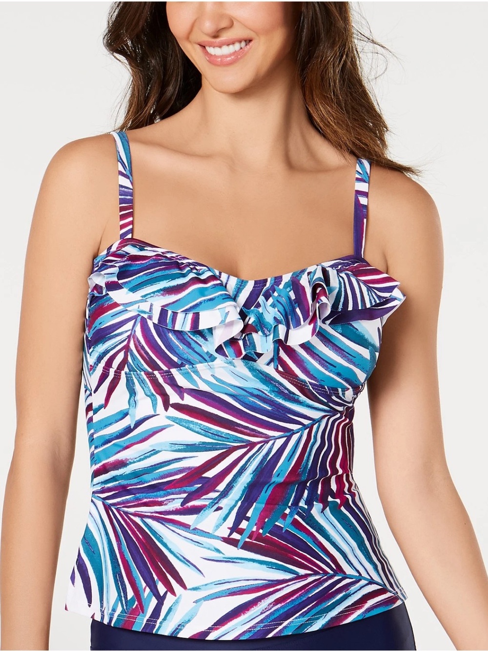 Island Escape NAVY MULTI Tahiti Printed Bandini Ruffled Tankini Top